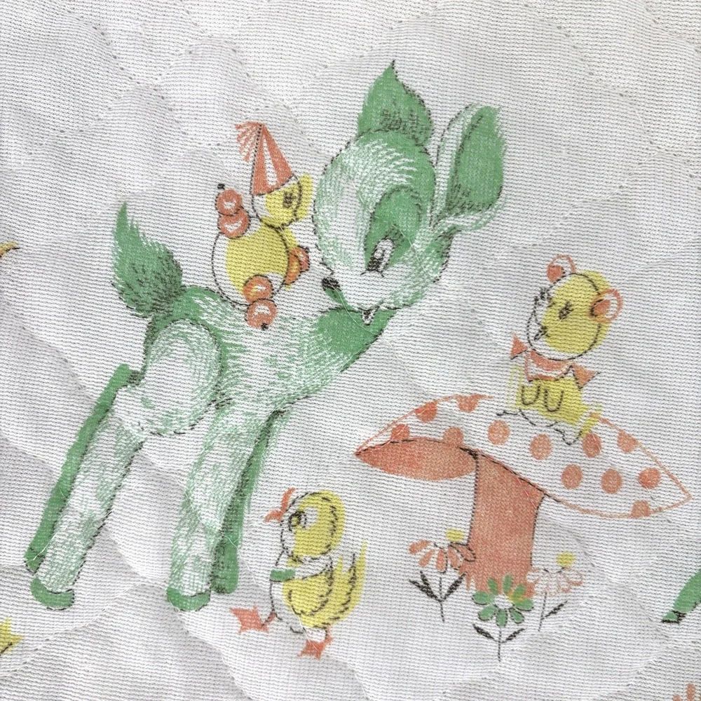 Vintage 70s  Acrylic Baby Blanket Satin Trim Woodland Mushrooms Dear Bunny Chick